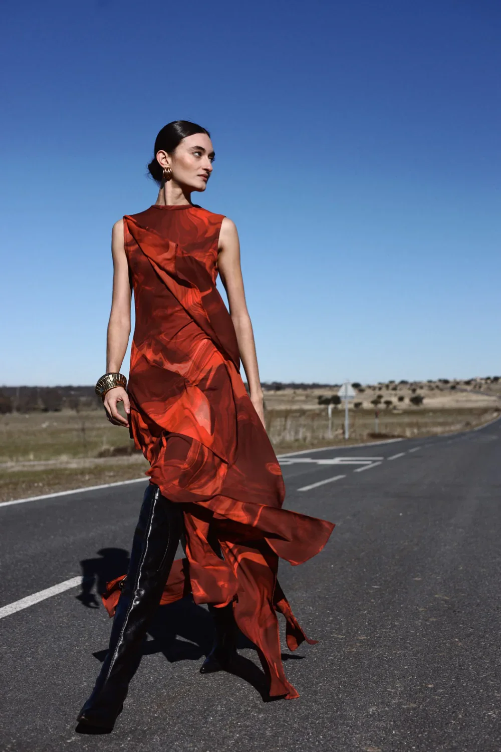 Midi Vestido Printed Volant
