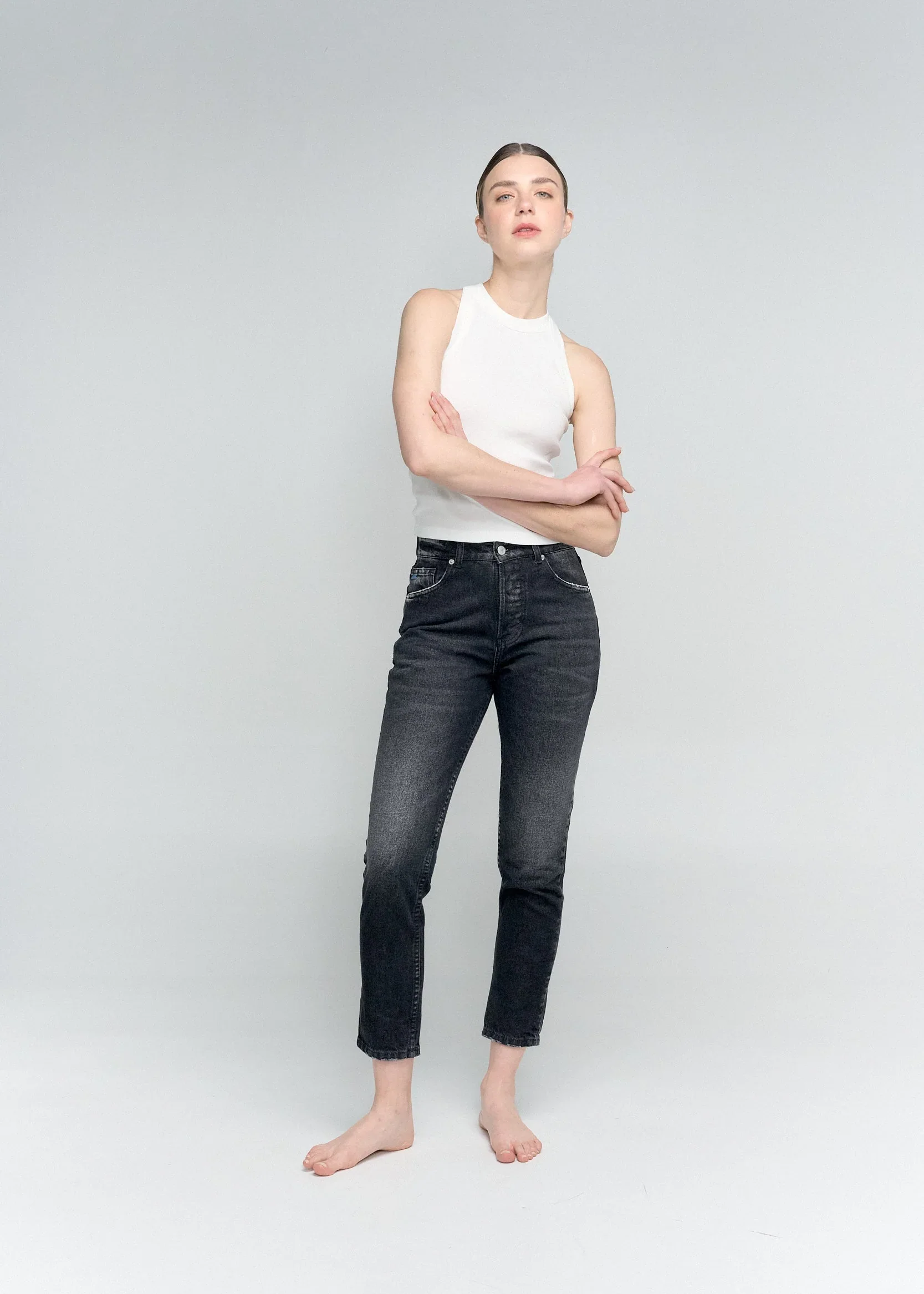 Jean Straight En Denim Azul Y Negro Doble Pretina